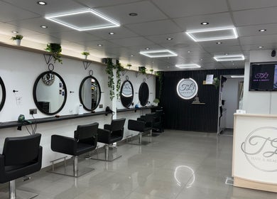 Stylish interior of TL3 Hair and Beauty, a salon in London Colney, England, GB with modern design.