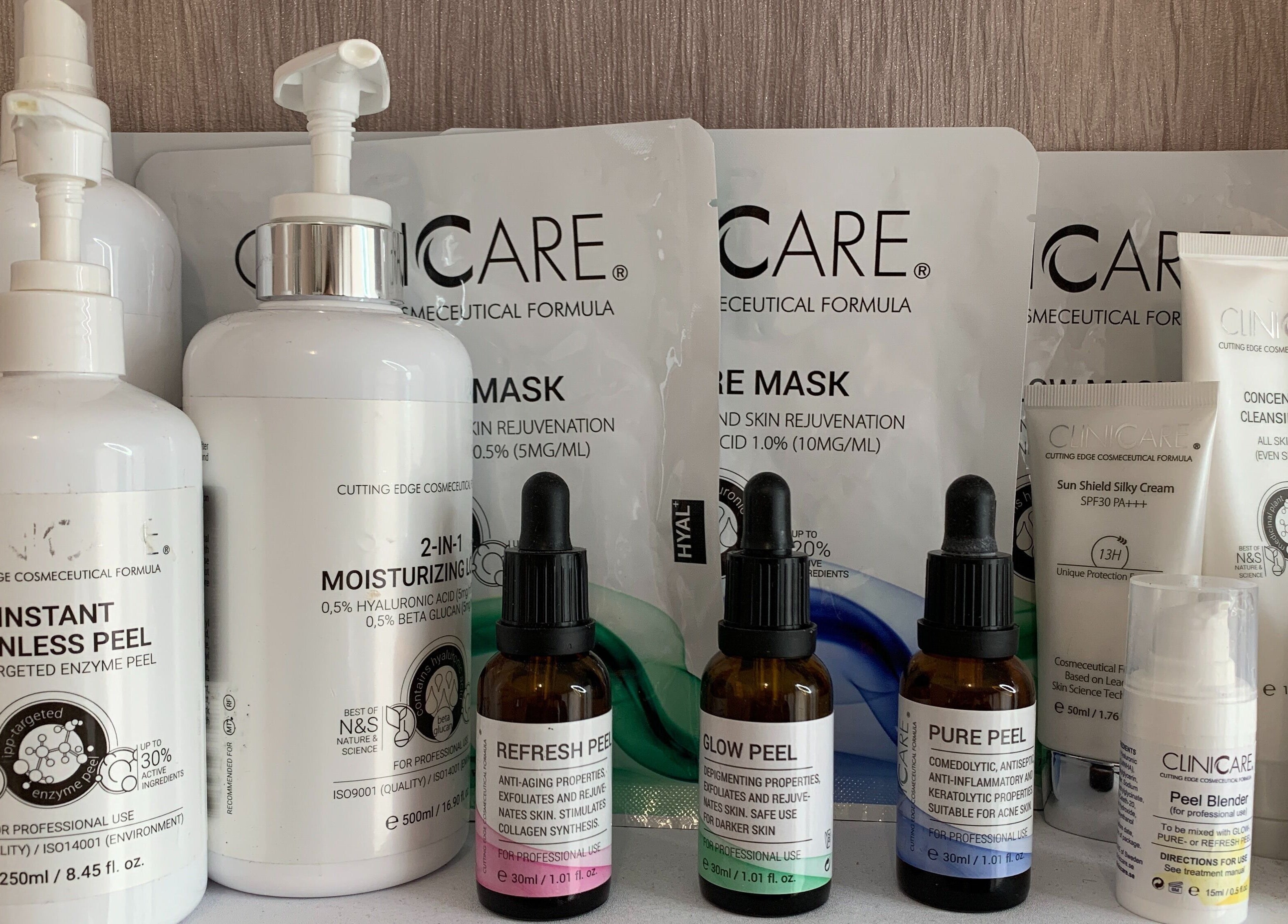 Various skincare products displayed at Bellissimo Beauty and Training Academy in Kettering, England, GB.