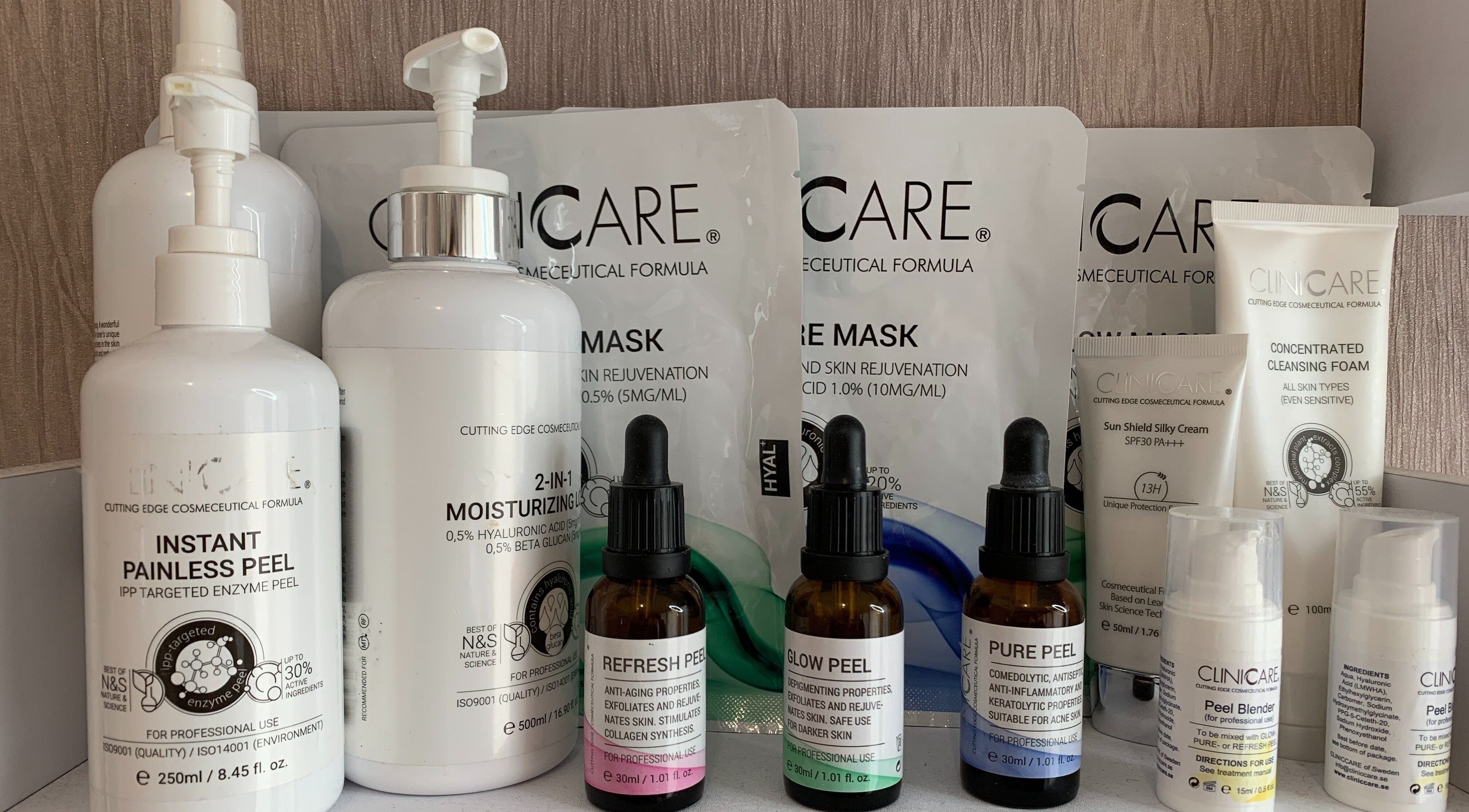 Various skincare products displayed at Bellissimo Beauty and Training Academy in Kettering, England, GB.