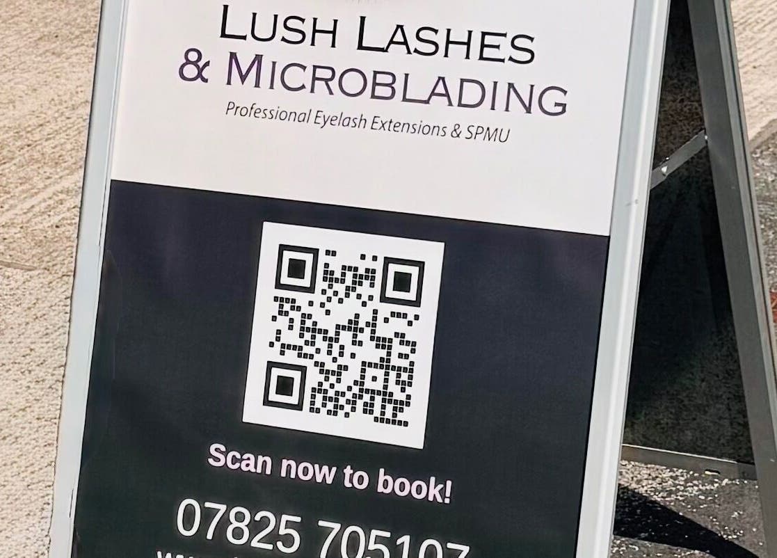 Sign with QR code for booking at Lush Lashes & Microblading, Ellesmere Port, England, GB.