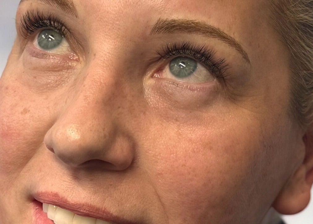 Close-up of beautifully enhanced eyes at Lush Lashes & Microblading, Great Sutton, England, GB.