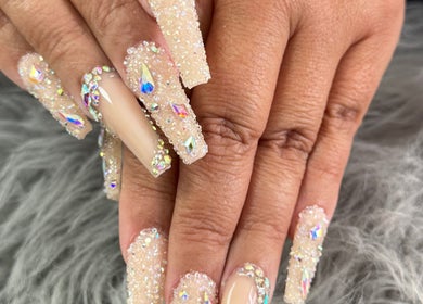 Exquisite crystal-studded nails at Nailistix in West Bloomfield Township, Michigan, US.
