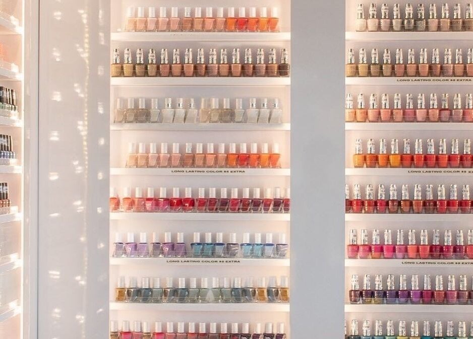 Colorful nail polish shelves at LUXEBABE NAILS & SPA LLC, Boynton Beach, Florida, US.