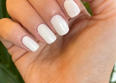 White manicured nails at Rachel’s Beauty Treatments in London, England, GB.