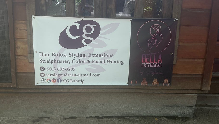 CG Bella Extensions, St Thelmo by Abrazos hotel signage in San Pedro, BZ for beauty services.