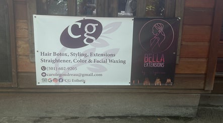 CG Bella Extensions, St Thelmo by Abrazos hotel signage in San Pedro, BZ for beauty services.