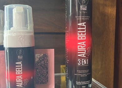 Aura Bella products on shelf at CG Bella Extensions, St Thelmo by Abrazos hotel, San Pedro, BZ.