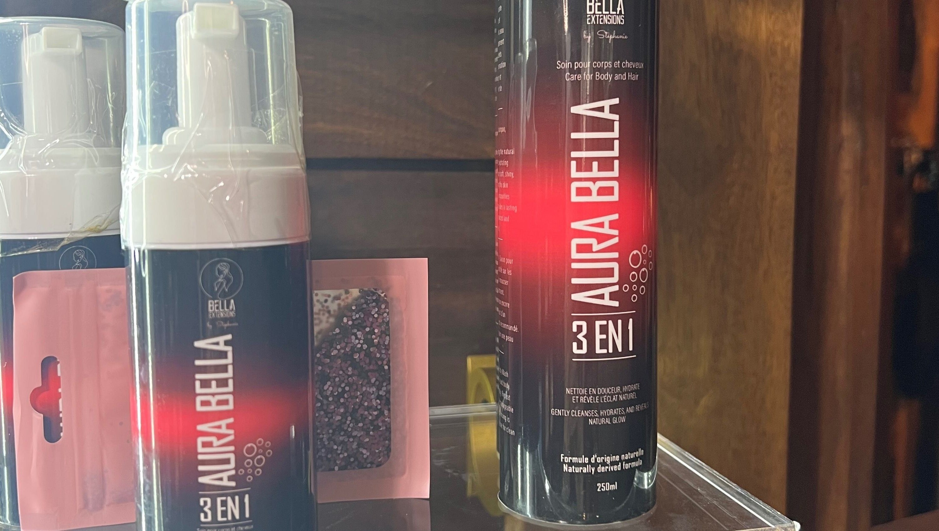 Aura Bella products at CG Bella Extensions, St Thelmo by Abrazos hotel, San Pedro, BZ.