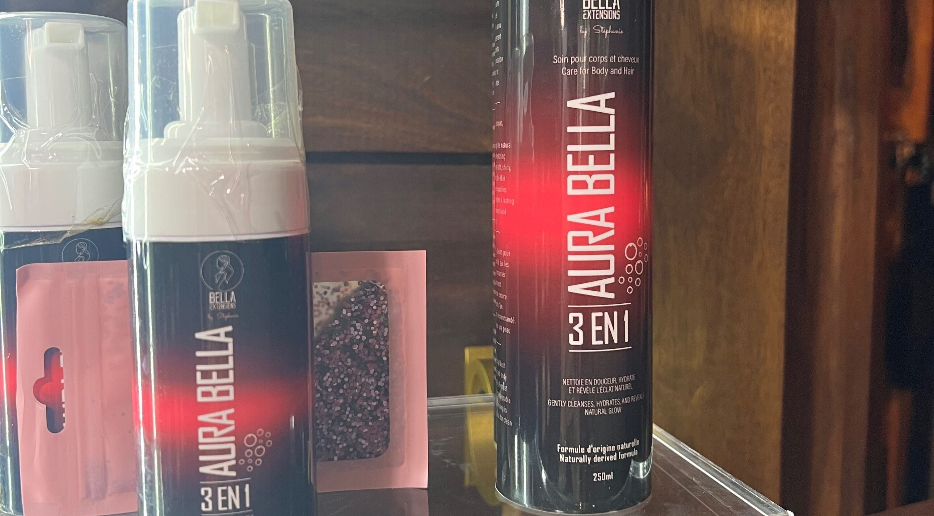 Aura Bella products at CG Bella Extensions, St Thelmo by Abrazos hotel, San Pedro, BZ.