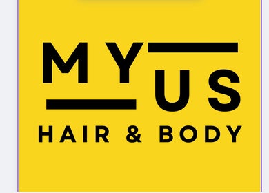 Bright yellow logo of My Us Hair and Body, Chatswood, New South Wales, AU.