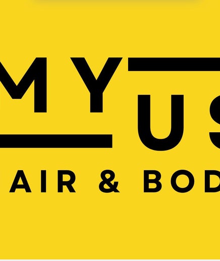 Bright yellow logo of My Us Hair and Body, Chatswood, New South Wales, AU.
