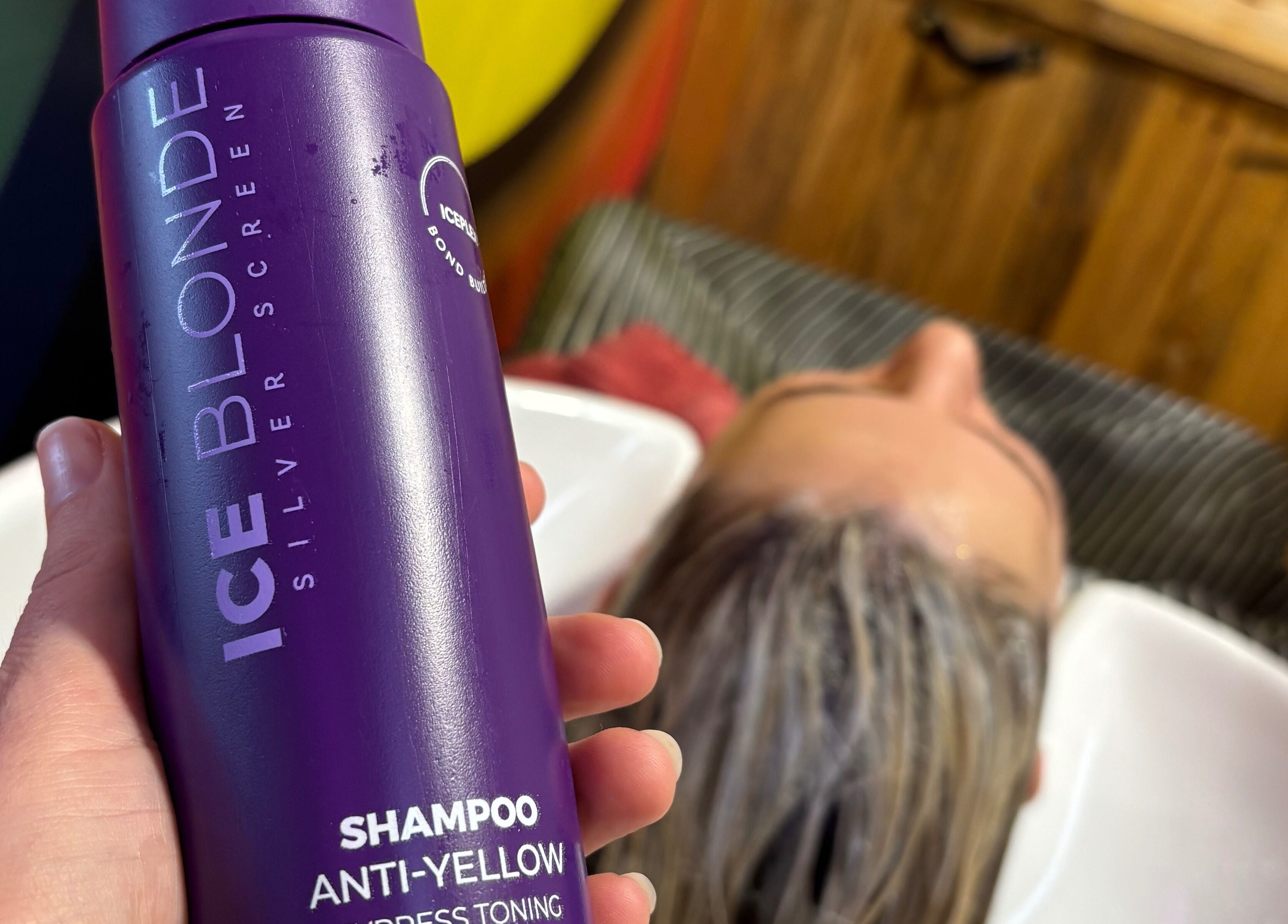 Anti-yellow shampoo used at Yo Barbra in Bacchus Marsh, Victoria, AU during a hair treatment service.