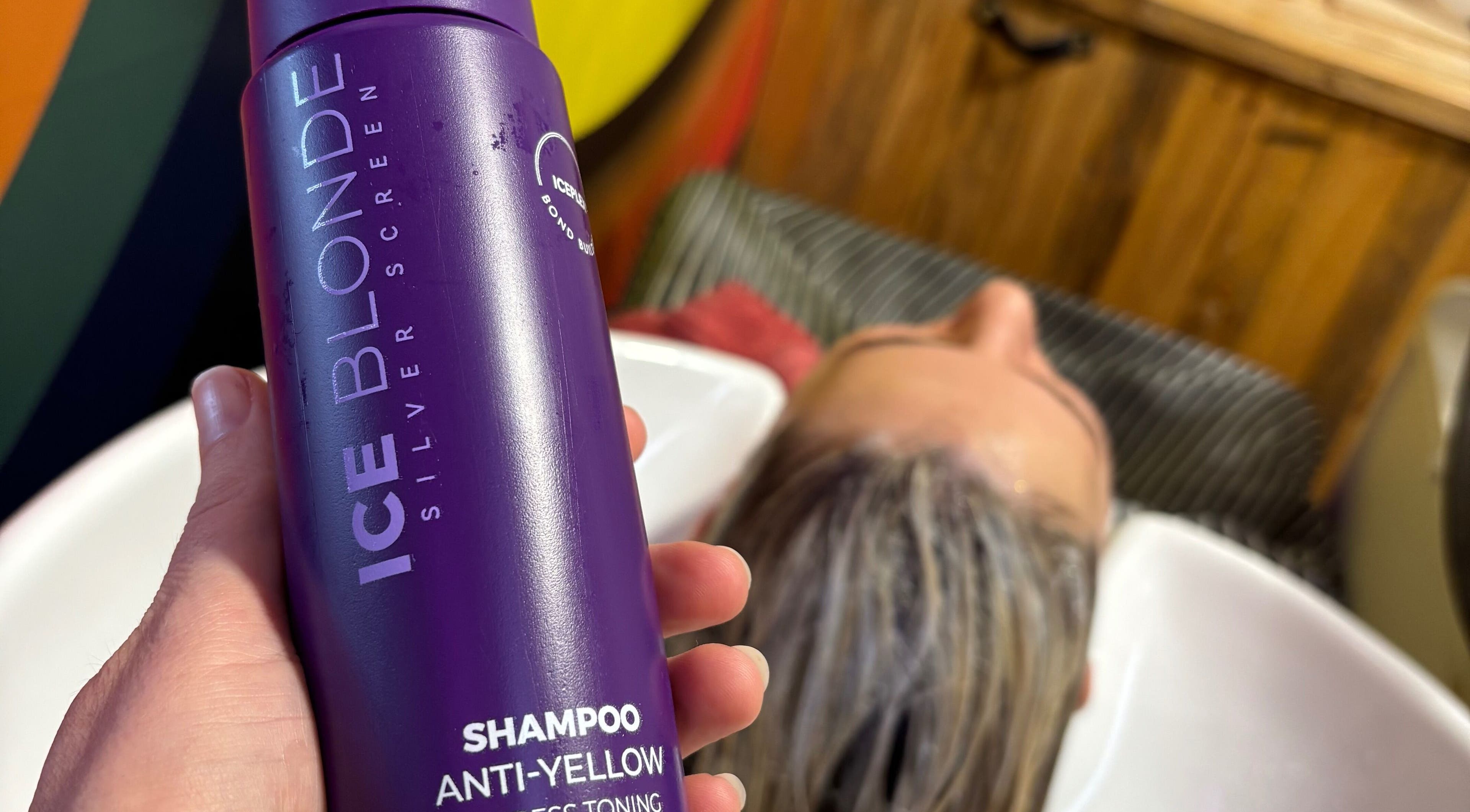 Anti-yellow shampoo used at Yo Barbra in Bacchus Marsh, Victoria, AU during a hair treatment service.