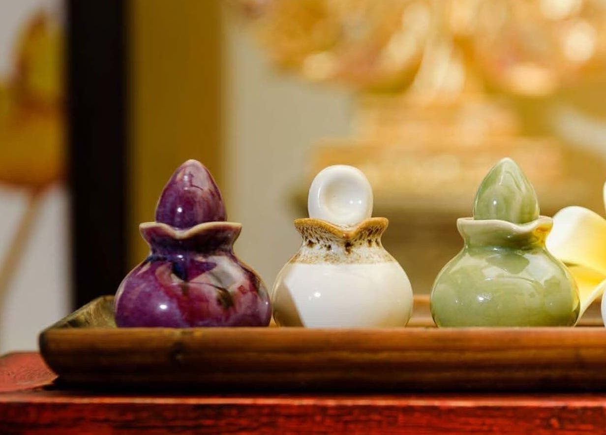 Elegant ceramic bottles at Touch of Thai Massage - Above Gruž Harbour, Dubrovnik, HR.