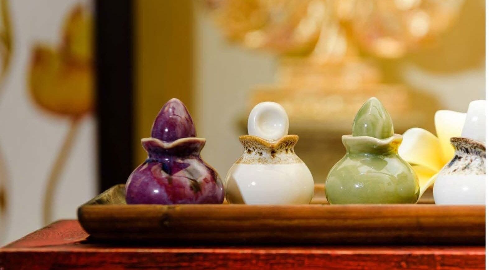 Elegant ceramic bottles at Touch of Thai Massage - Above Gruž Harbour, Dubrovnik, HR.