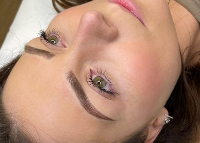 Close-up of a woman's freshly styled eyebrows at Abigail Grace Beauty, Rugby, England, GB.