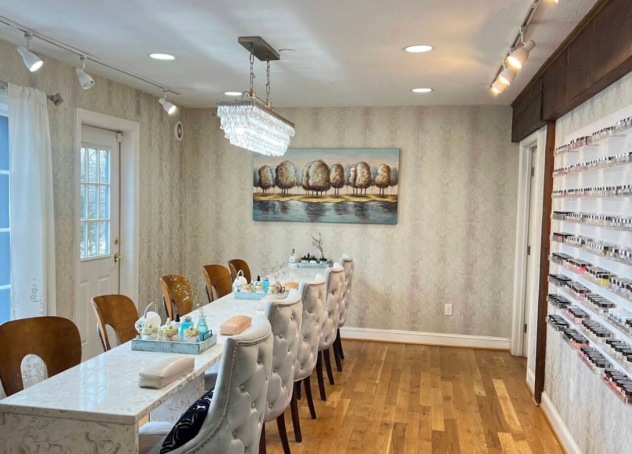 Elegant nail salon interior at My River Nails and Spa LLC in Great Falls, Virginia, US, showcasing a chic atmosphere.