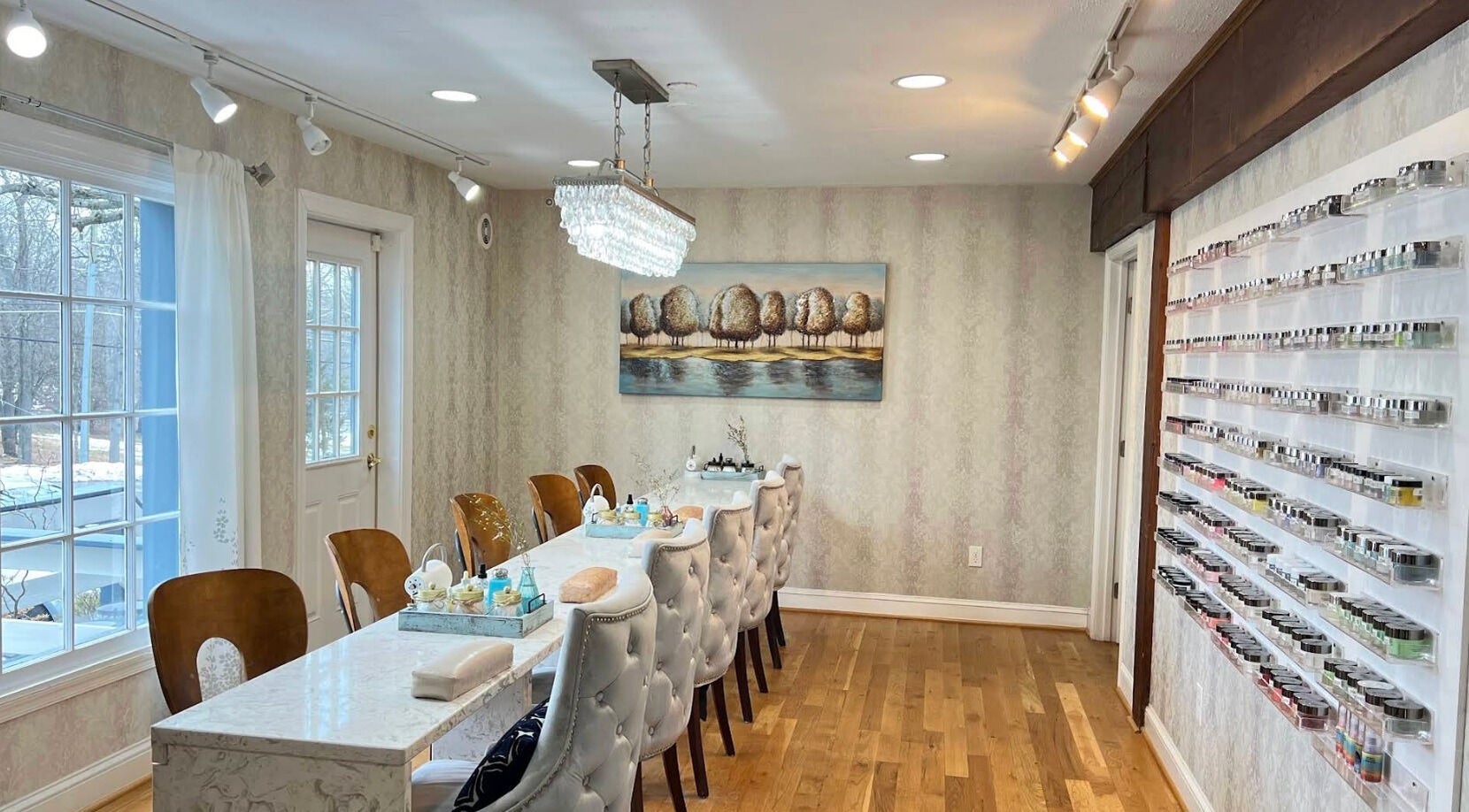 Elegant nail salon interior at My River Nails and Spa LLC in Great Falls, Virginia, US, showcasing a chic atmosphere.