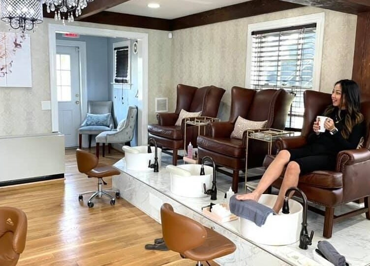 Relaxing pedicure service at My River Nails and Spa LLC in Great Falls, Virginia, US with plush seating.