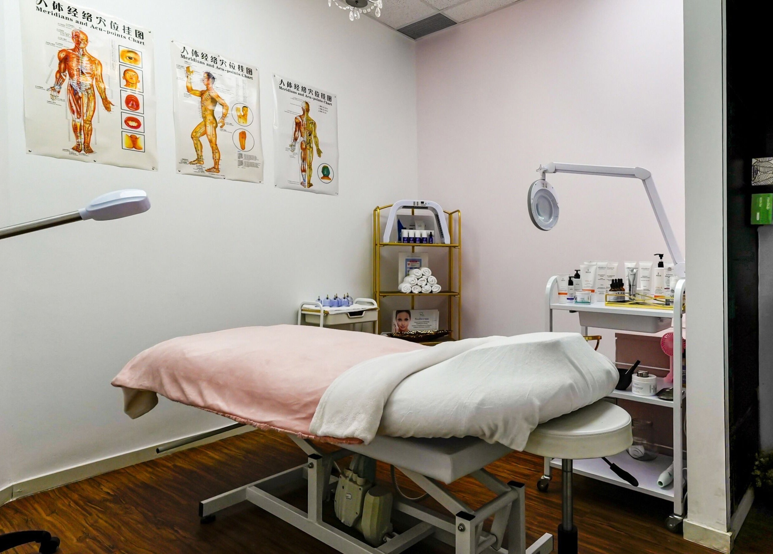 Serene treatment room at Blanche Neige Laser, Burnaby, British Columbia, CA with massage table and equipment.