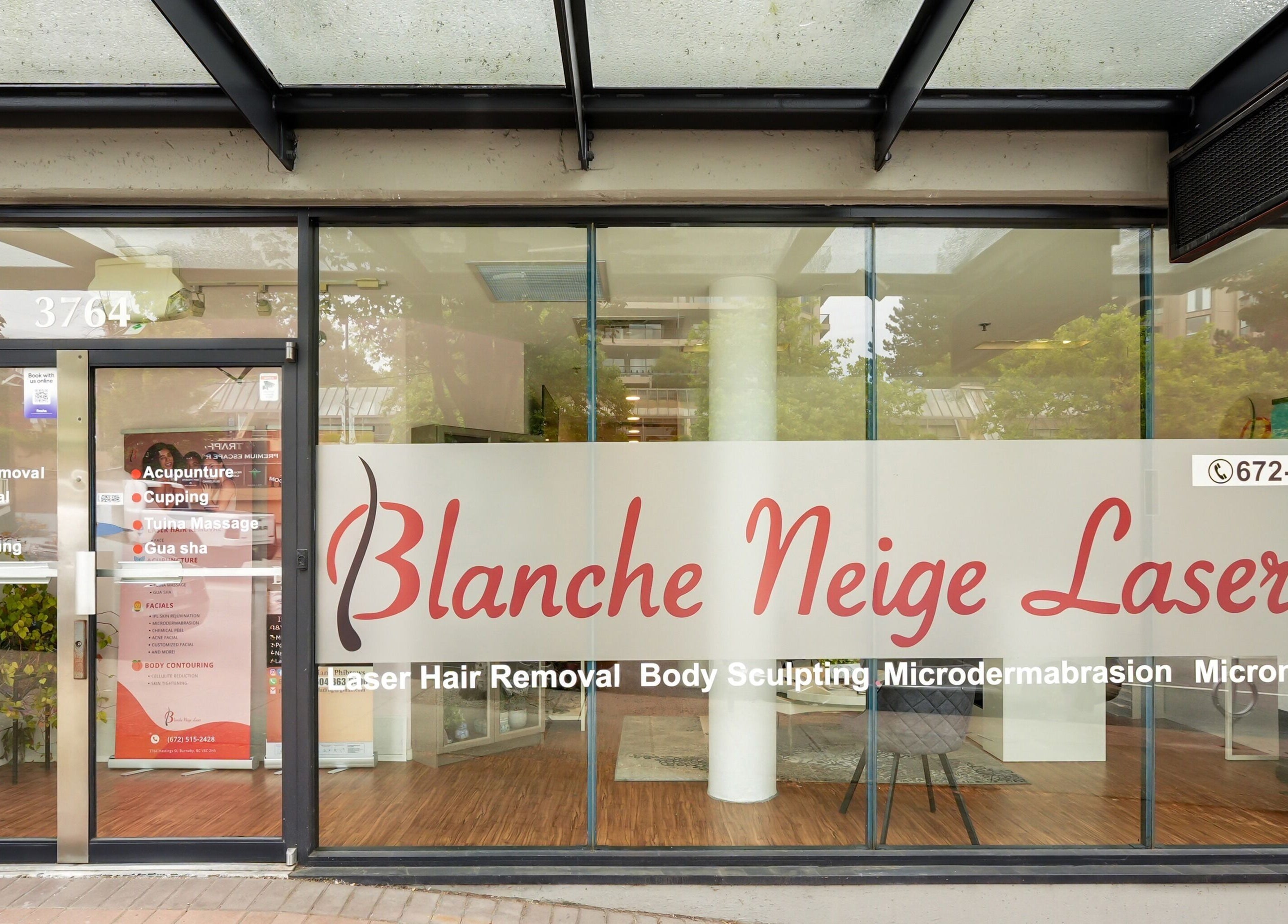 Entrance of Blanche Neige Laser, Burnaby, British Columbia, CA showcasing laser and skincare services.