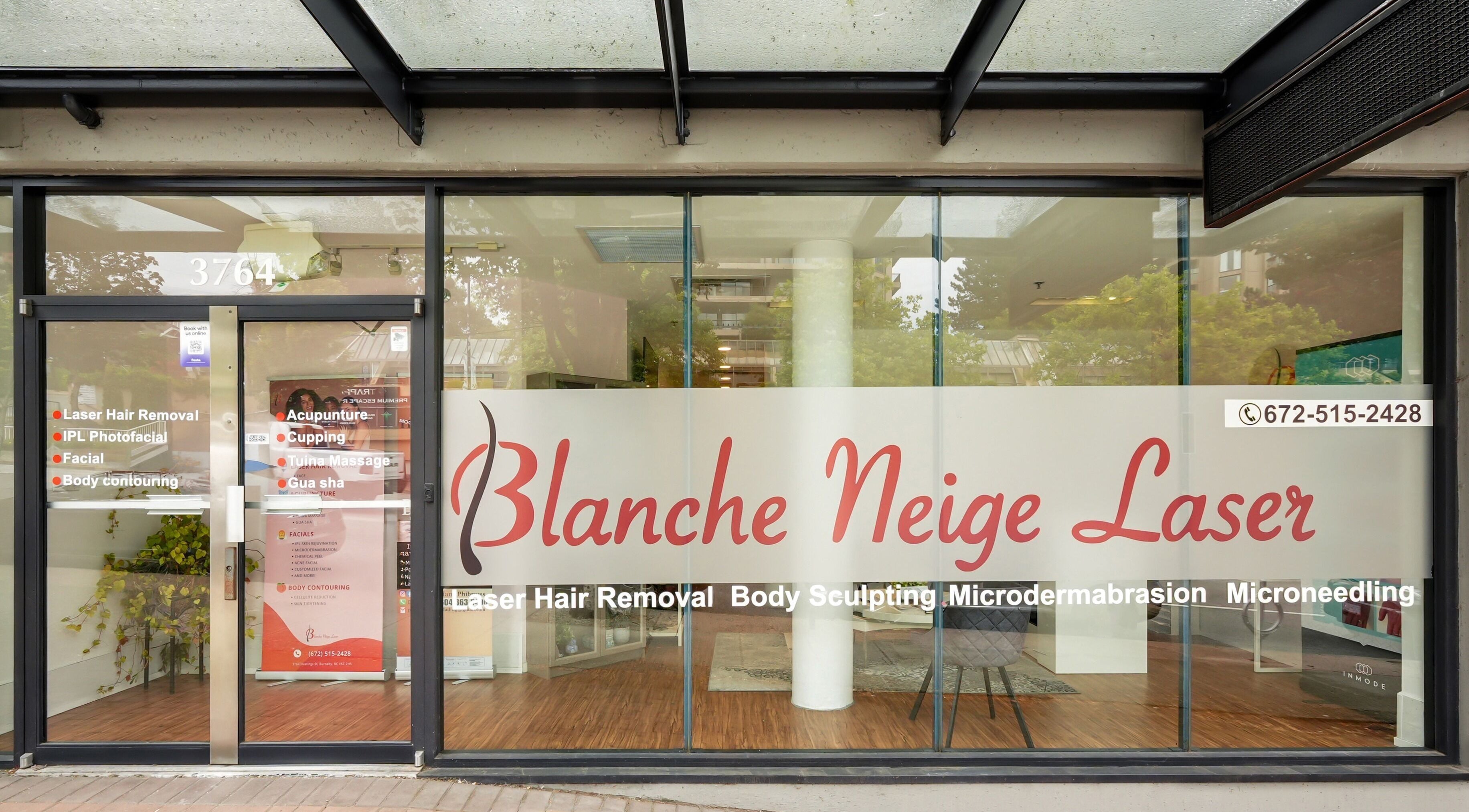 Entrance of Blanche Neige Laser, Burnaby, British Columbia, CA showcasing laser and skincare services.