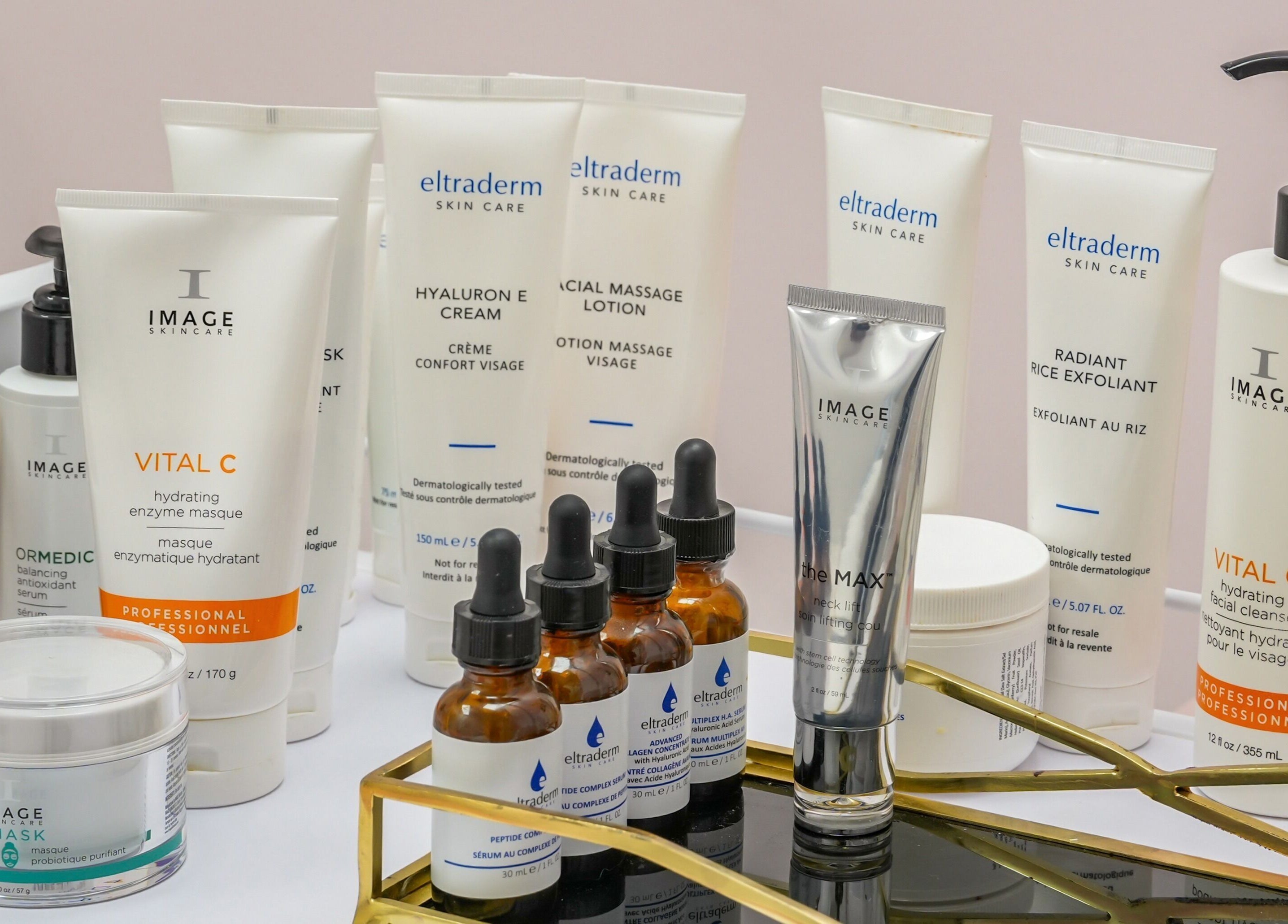 Assorted skincare products at Blanche Neige Laser, Burnaby, British Columbia, CA, enhancing beauty and wellness.