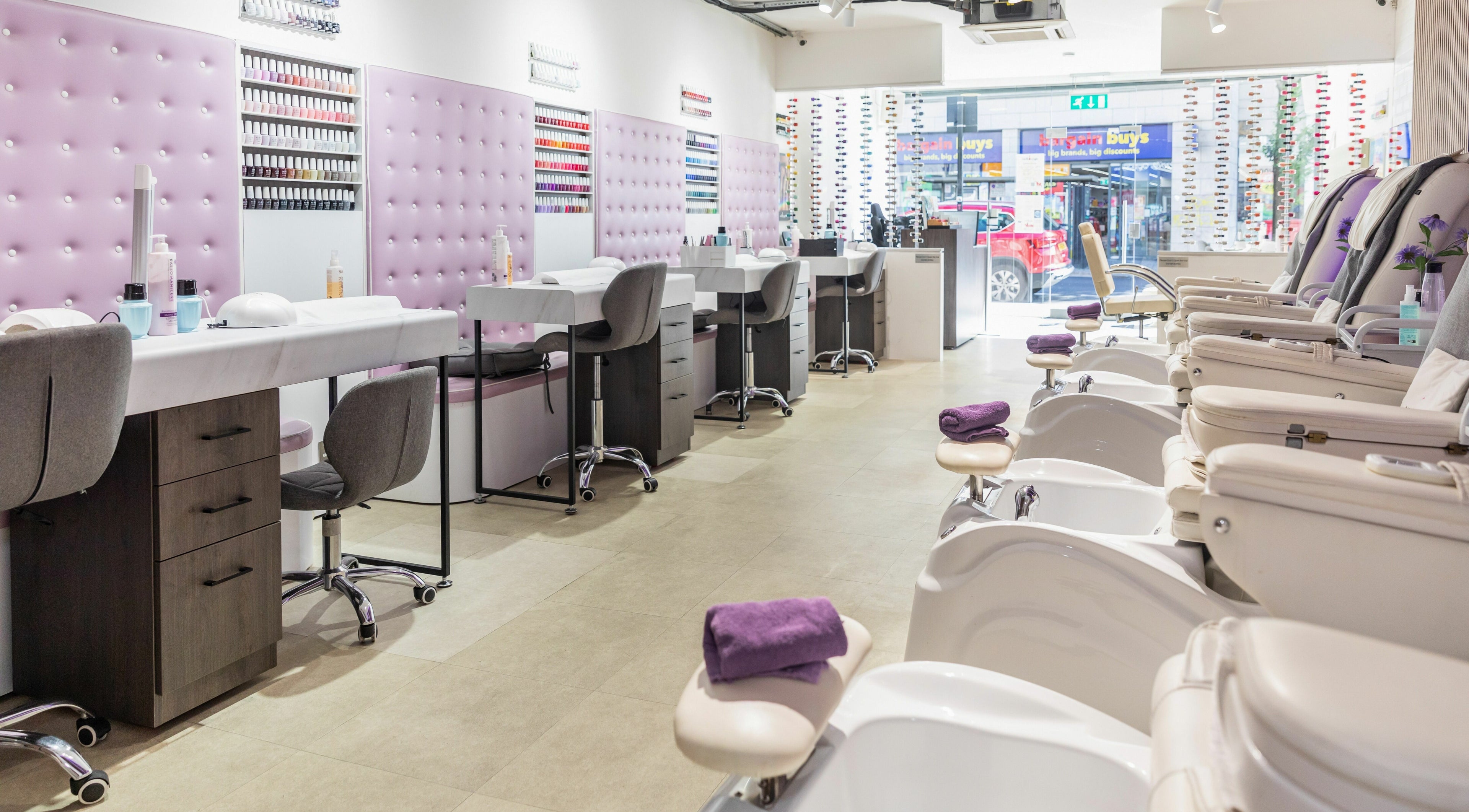 Interior of Nail Lounge & Spa (London Rd Brighton) showcasing elegant pedicure stations in Brighton, England, GB.