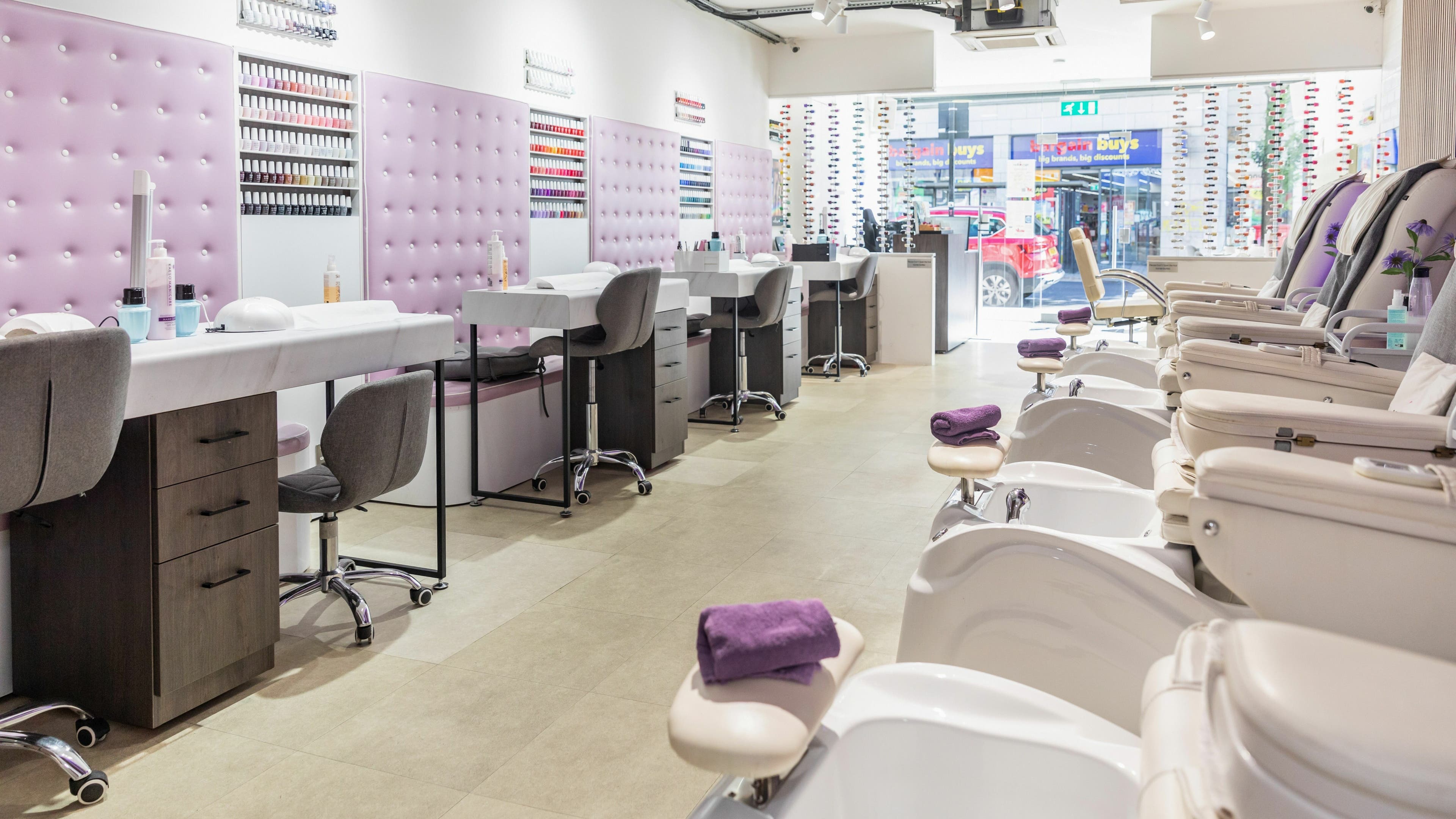 Interior of Nail Lounge & Spa (London Rd Brighton) showcasing elegant pedicure stations in Brighton, England, GB.