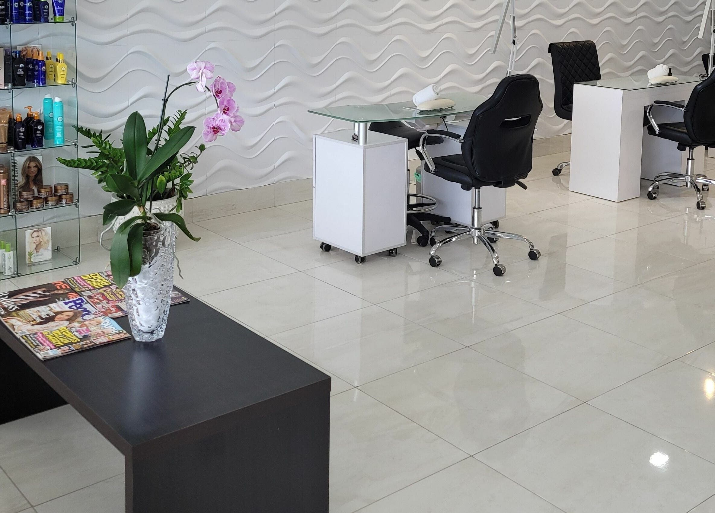 Modern manicure station at The Salon, George Town, KY, highlighting chic design and serene ambiance.