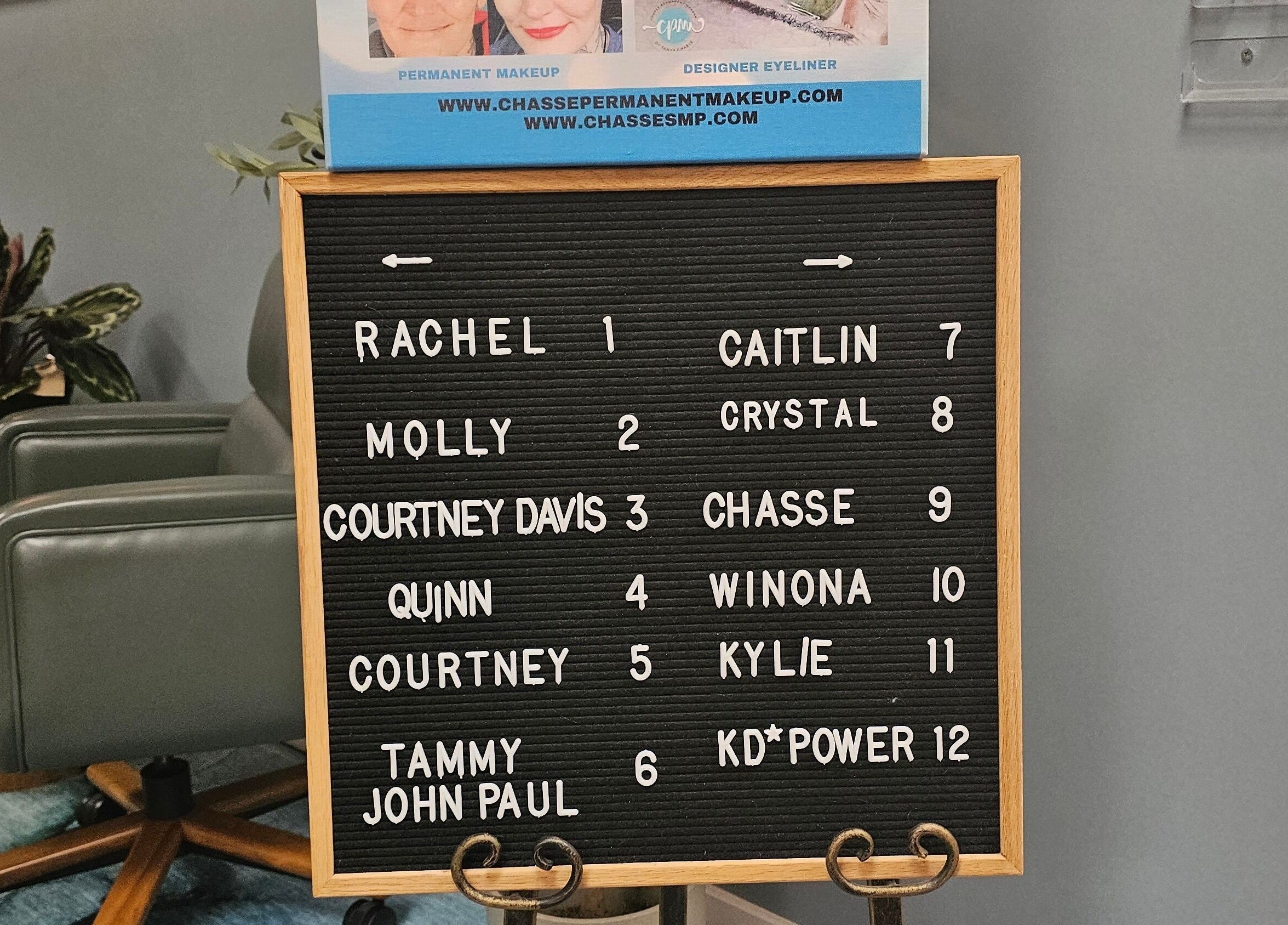 Board listing stylists at Seaside at Salon Suites by the Sea, Rockport, Maine, US.