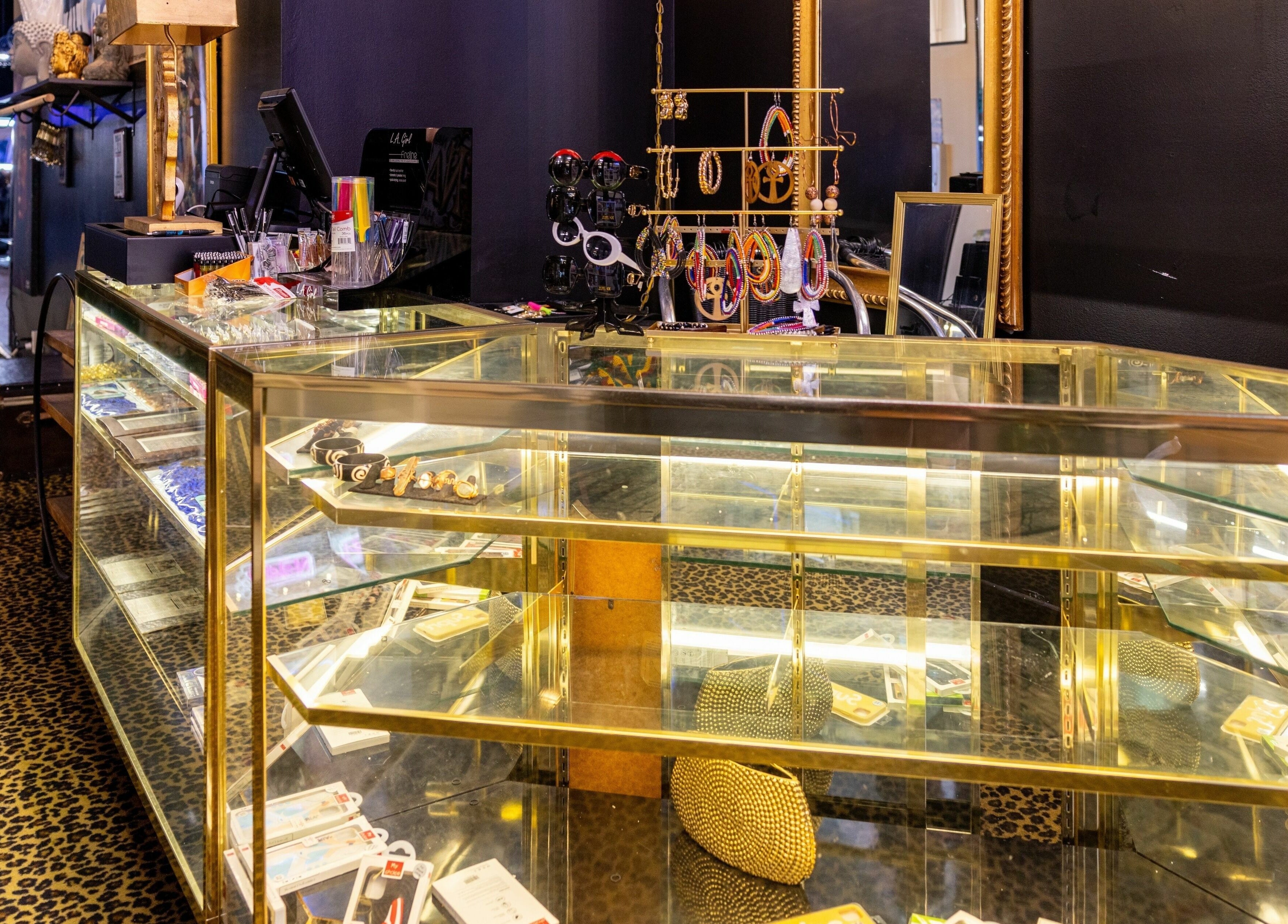 Elegant jewelry display at Napps Natural Hair Salon, St. Louis, Missouri, US showcasing vibrant accessories.