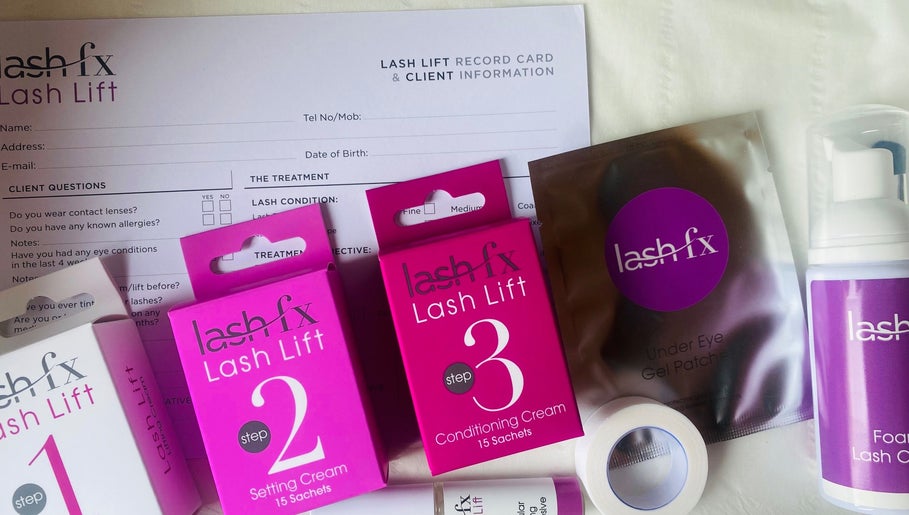 Lash lift products at Beauty at No.5 in Burton, England, GB, showcasing various treatment items.