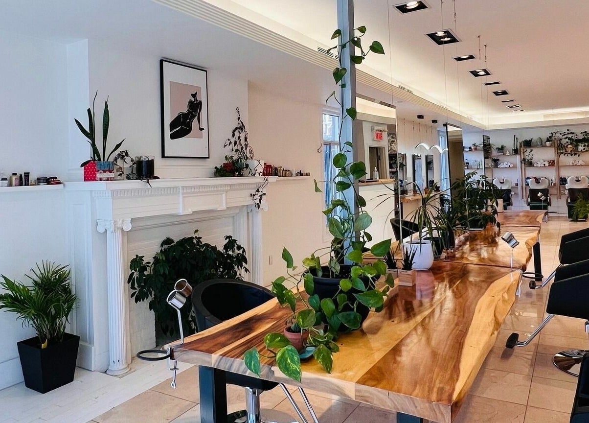 Stylish interior of Nu Salon in Montréal, Québec, CA with lush plants and chic decor.