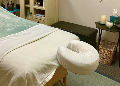 Relaxing massage room at Caroline Altmann Massage Therapy, St. Augustine, Florida, US, with calm decor.