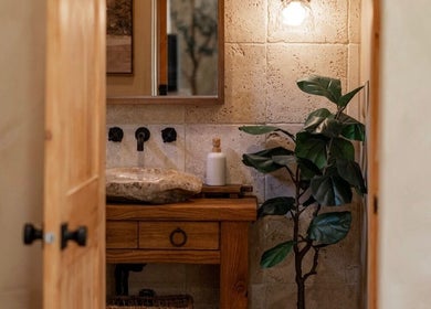 Rustic bathroom at Mood Beauty Co., Brant, Ontario, CA, featuring natural stone sink and greenery.