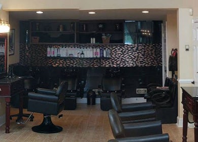 Luxurious styling area at Salon Posh & DeCara Makeup, Mamaroneck, New York, US.