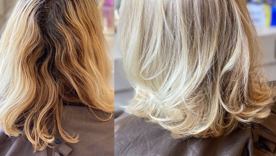 Before and after blonde hair makeover at Tickityboo, Houghton Le Spring, England, GB.