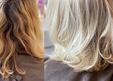 Before and after blonde hair makeover at Tickityboo, Houghton Le Spring, England, GB.