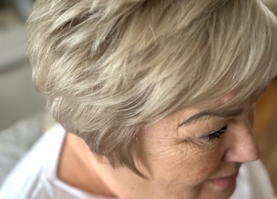 Close-up of chic blonde pixie cut at Tickityboo in Houghton Le Spring, England, GB.
