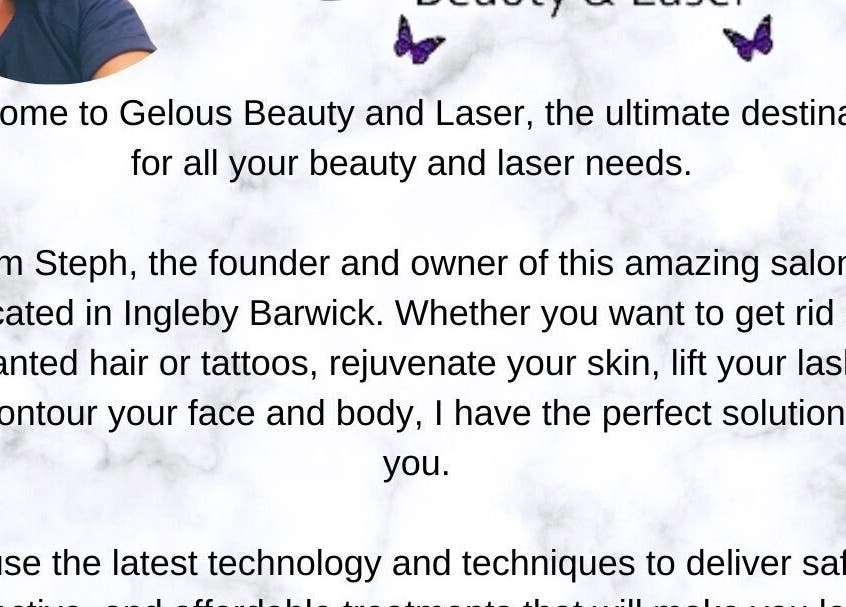 Welcome message at Gelous Beauty and Laser, Thornaby, England, GB, highlighting beauty and laser services.