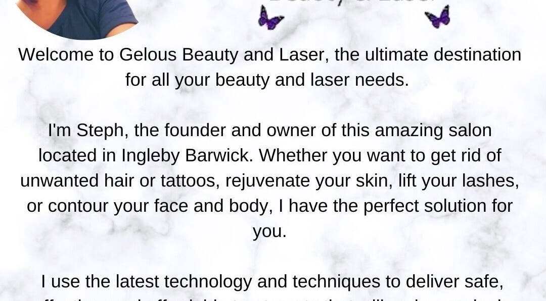 Welcome message at Gelous Beauty and Laser, Thornaby, England, GB, highlighting beauty and laser services.