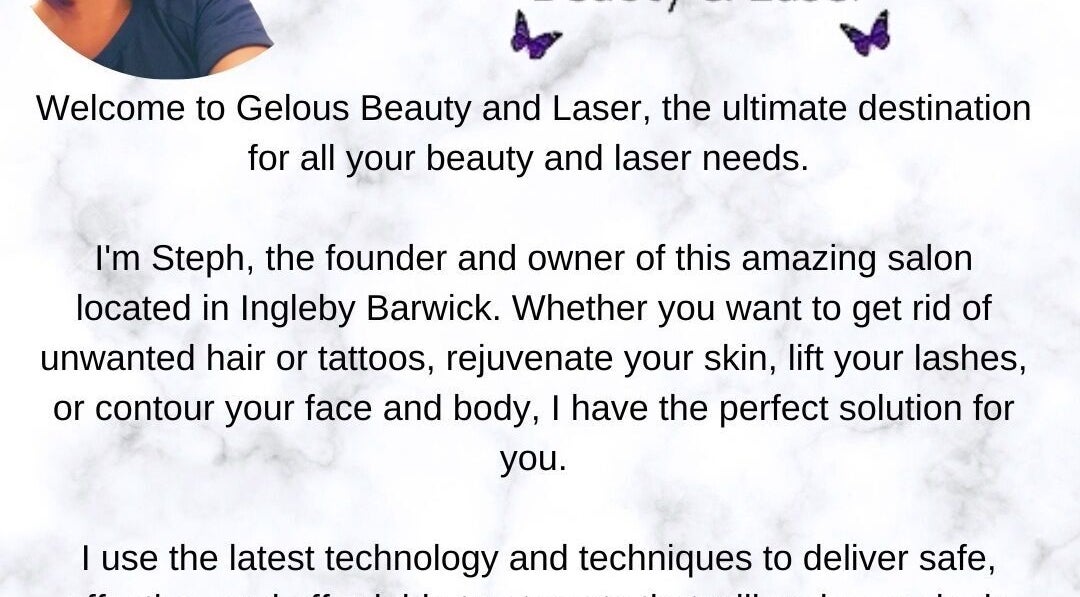 Welcome message at Gelous Beauty and Laser, Thornaby, England, GB, highlighting beauty and laser services.
