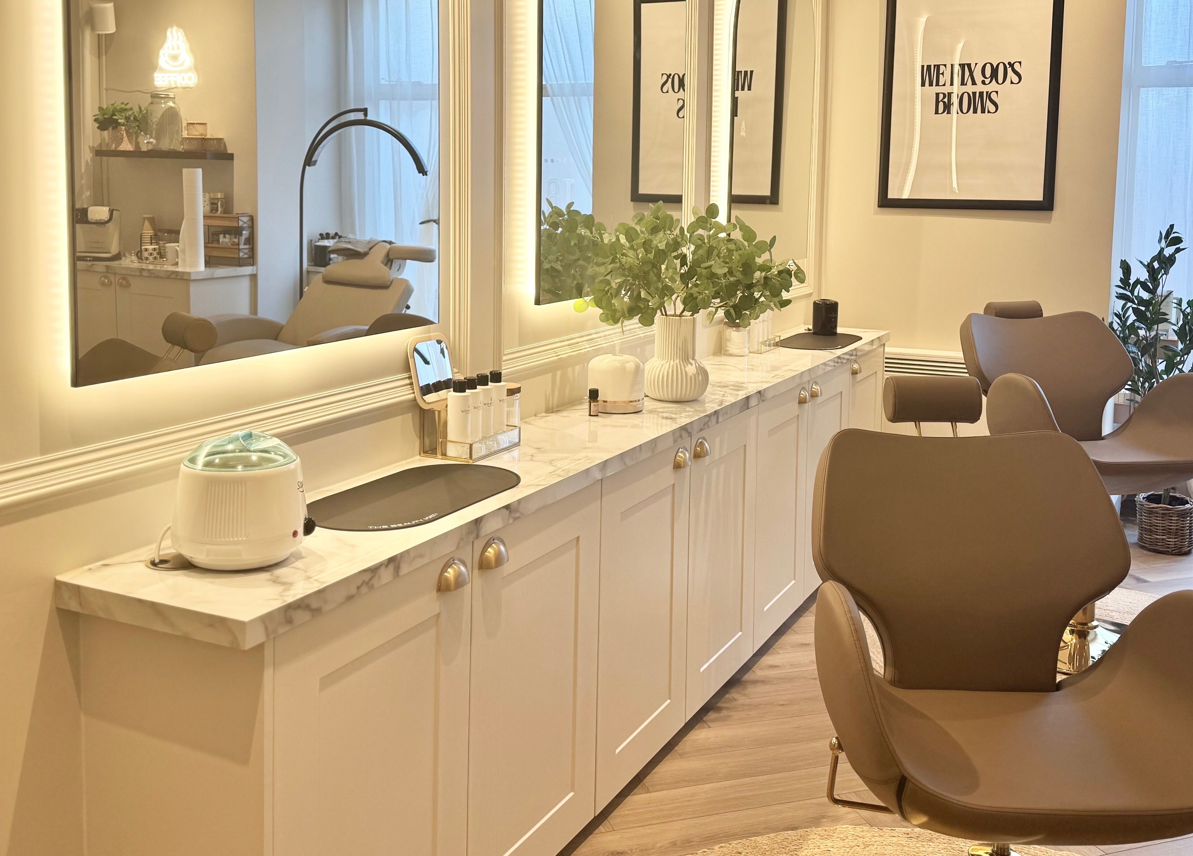 Trends Brow Bar in Hoddesdon, England, offers a relaxing beauty experience in a chic, modern setting.