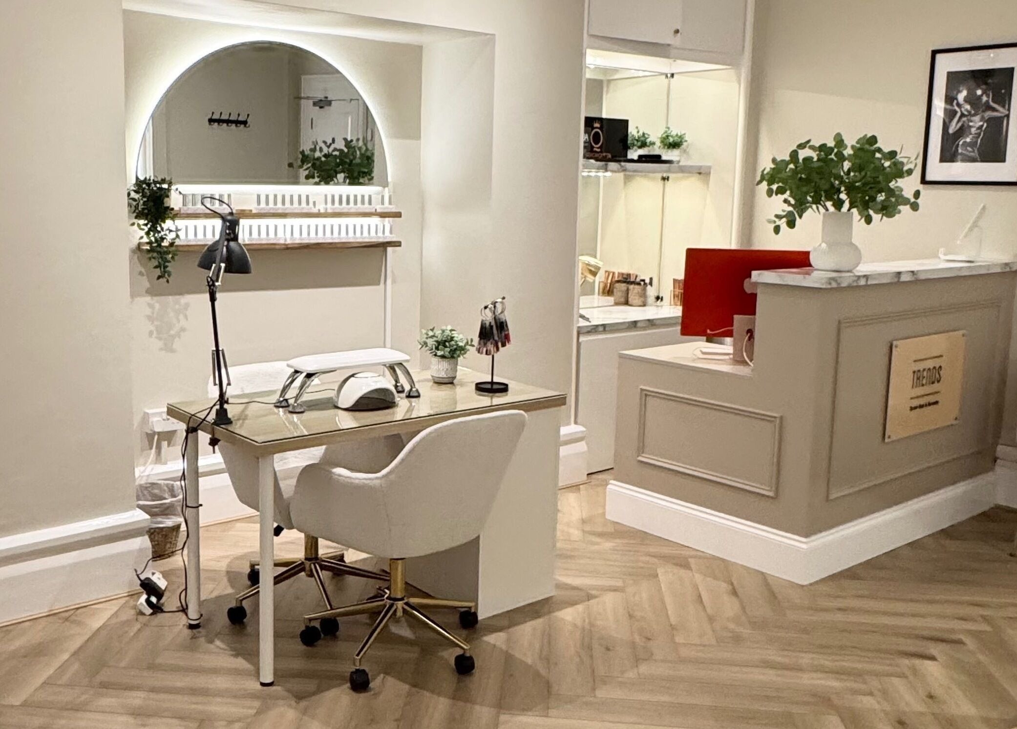 Trends Brow Bar interior in Hoddesdon, England, GB featuring stylish decor and a manicure station.