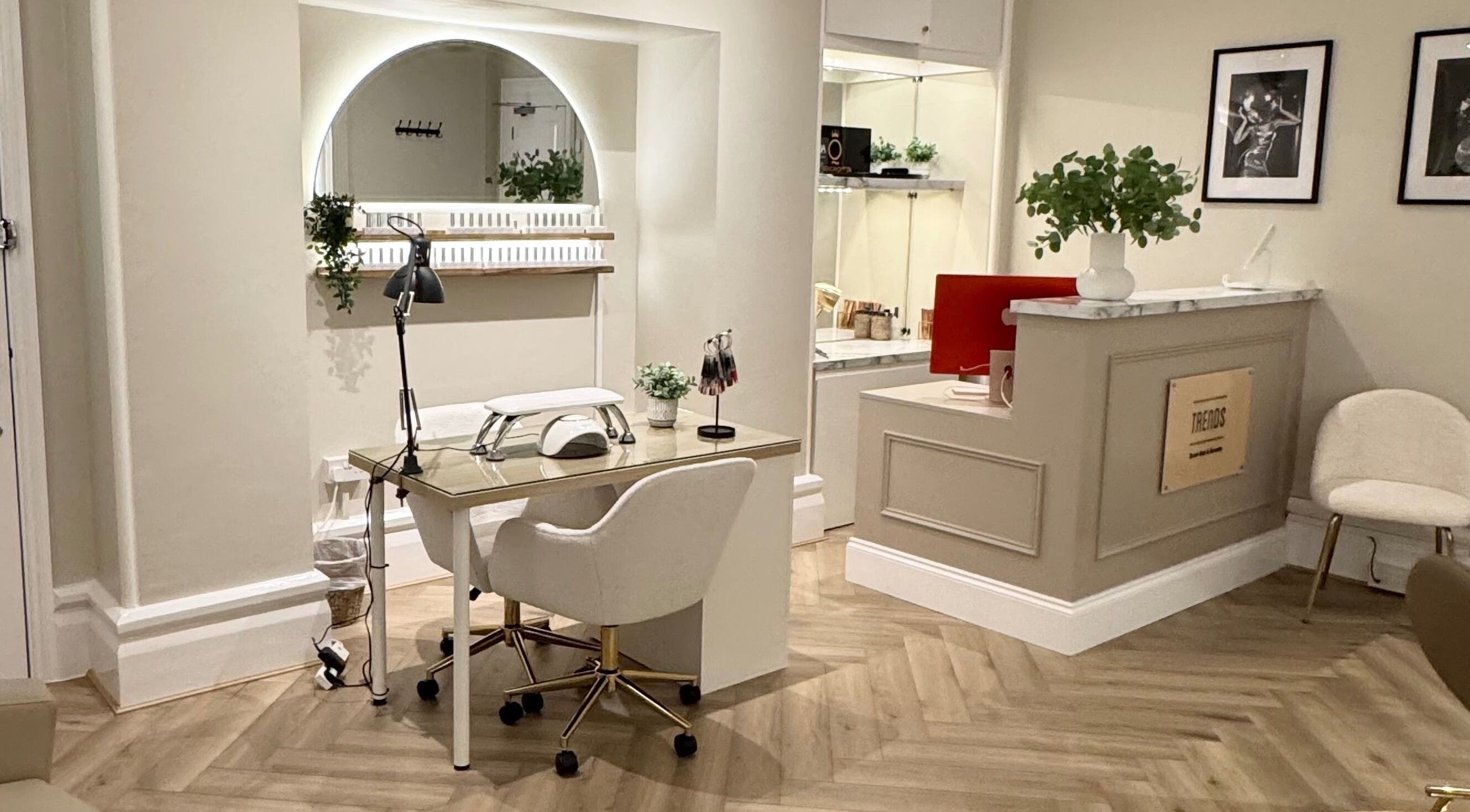 Trends Brow Bar interior in Hoddesdon, England, GB featuring stylish decor and a manicure station.