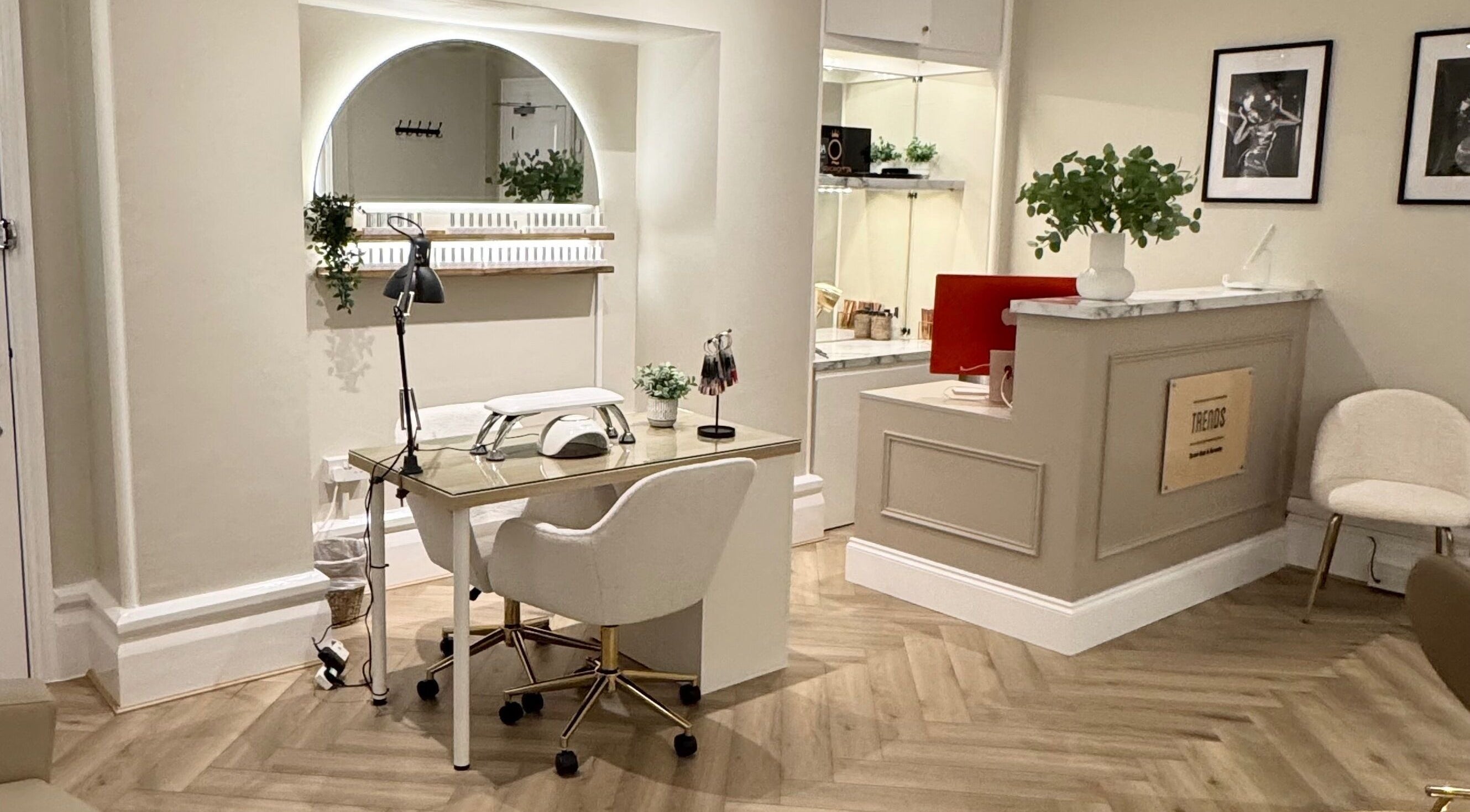 Trends Brow Bar interior in Hoddesdon, England, GB featuring stylish decor and a manicure station.