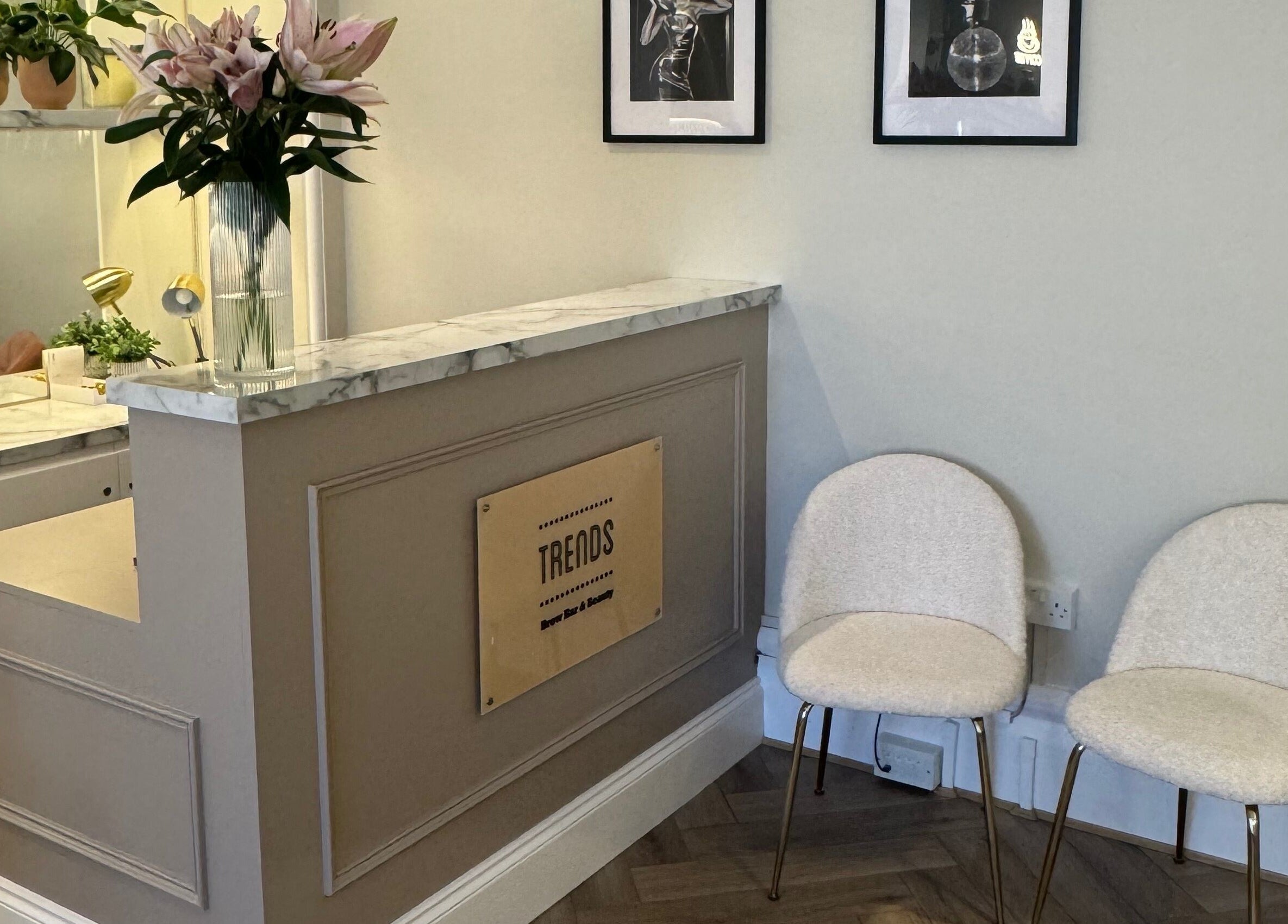 Chic reception area at Trends Brow Bar, Hoddesdon, England, GB with floral decor and art pieces.