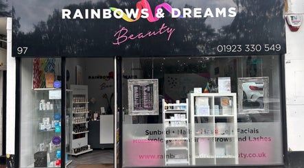 Exterior of Rainbows and Dreams Beauty showcasing vibrant signage in Watford, England, GB.