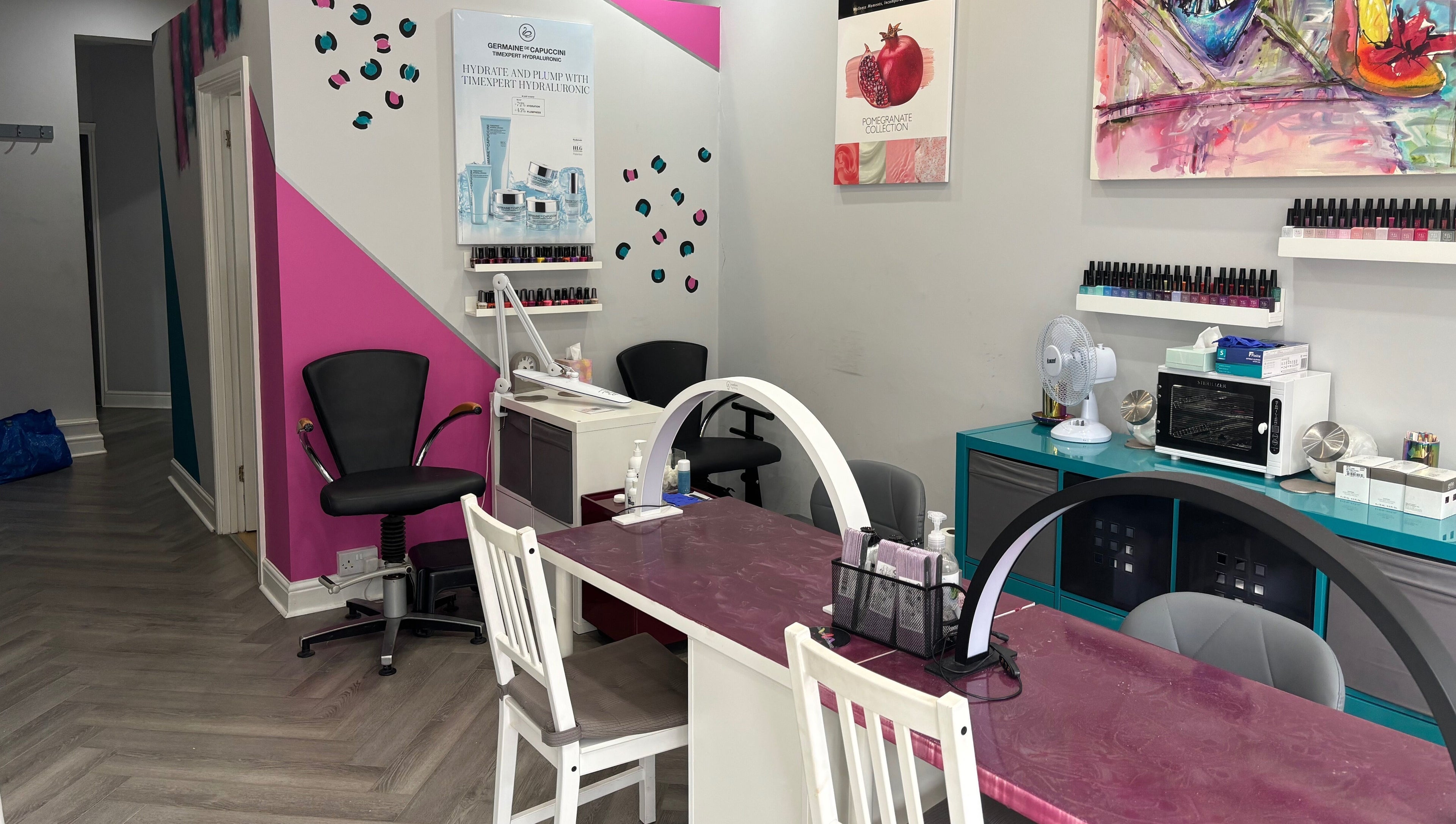 Interior of Rainbows and Dreams Beauty, a vibrant nail salon in Watford, England, GB.